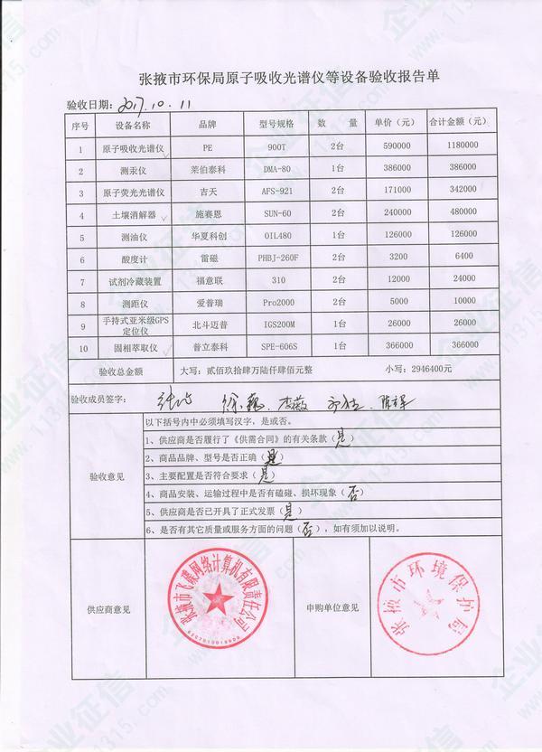 张掖市环保局原子吸收光谱仪等设备验收报告单